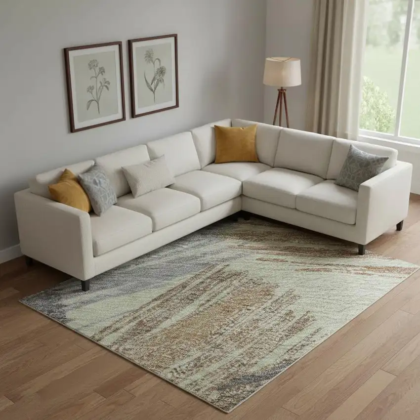 Artichoke Green Copper And Gray Striped Washable Area Rug With UV Protection Photo 2