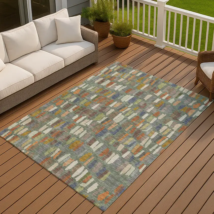 Artichoke Green Copper And Ivory Striped Washable Indoor Outdoor Area Rug Photo 4