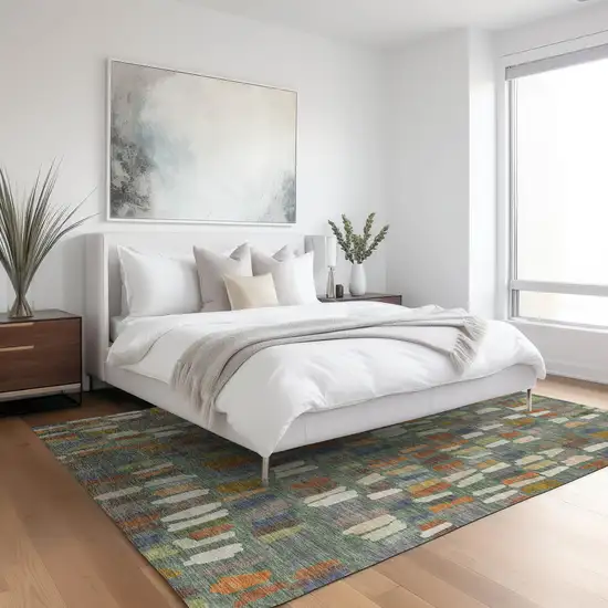 Artichoke Green Copper And Ivory Striped Washable Indoor Outdoor Area Rug Photo 5