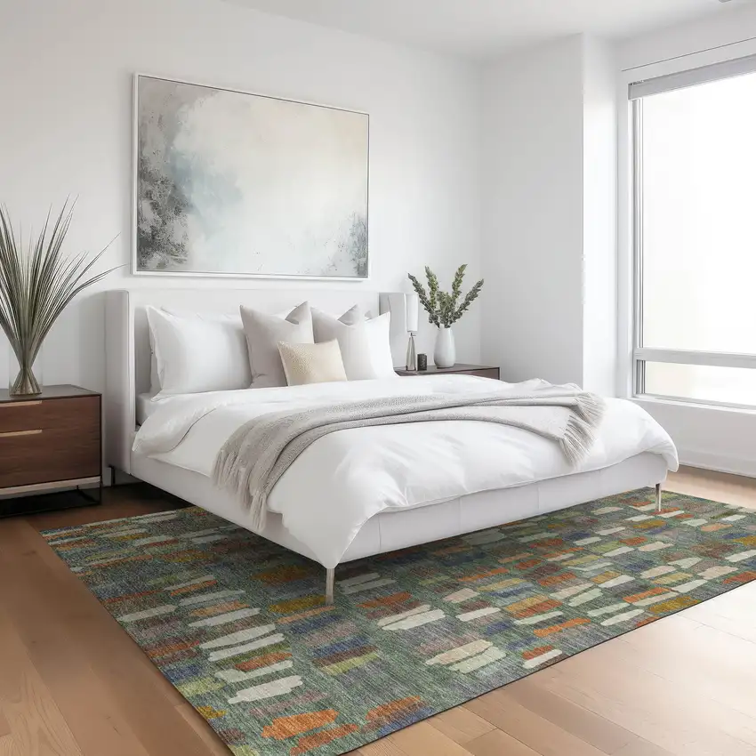 Artichoke Green Copper And Ivory Striped Washable Indoor Outdoor Area Rug Photo 5