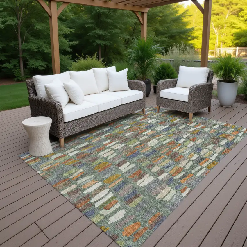 Artichoke Green Copper And Ivory Striped Washable Indoor Outdoor Area Rug Photo 6