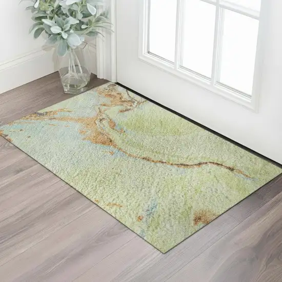 Artichoke Green Copper And Teal Abstract Washable Area Rug With UV Protection Photo 2