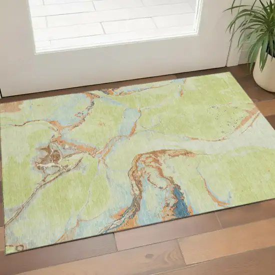 Artichoke Green Copper And Teal Abstract Washable Area Rug With UV Protection Photo 1