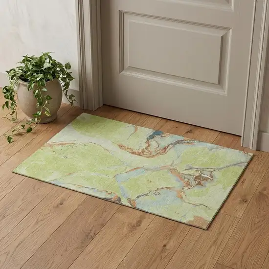 Artichoke Green Copper And Teal Abstract Washable Area Rug With UV Protection Photo 1