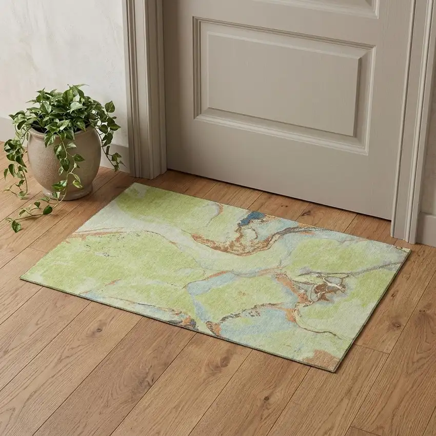 Artichoke Green Copper And Teal Abstract Washable Area Rug With UV Protection Photo 1