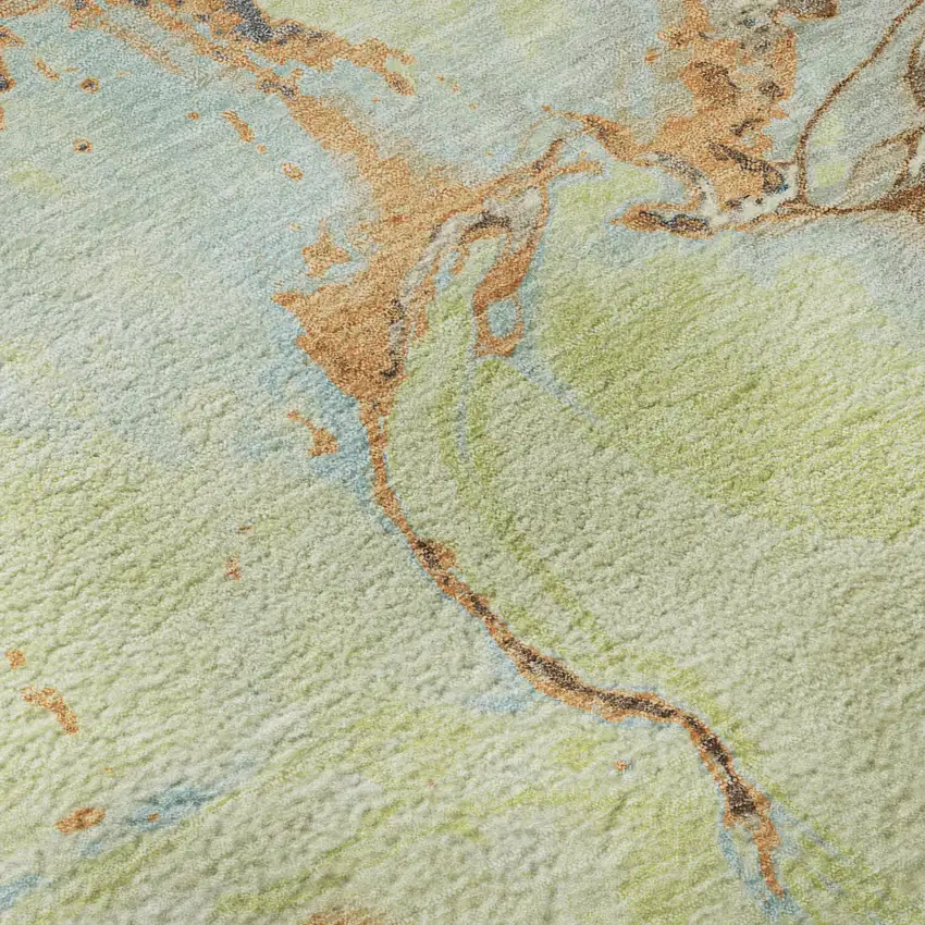 Artichoke Green Copper And Teal Abstract Washable Area Rug With UV Protection Photo 1