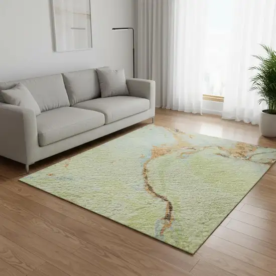 Artichoke Green Copper And Teal Abstract Washable Area Rug With UV Protection Photo 2