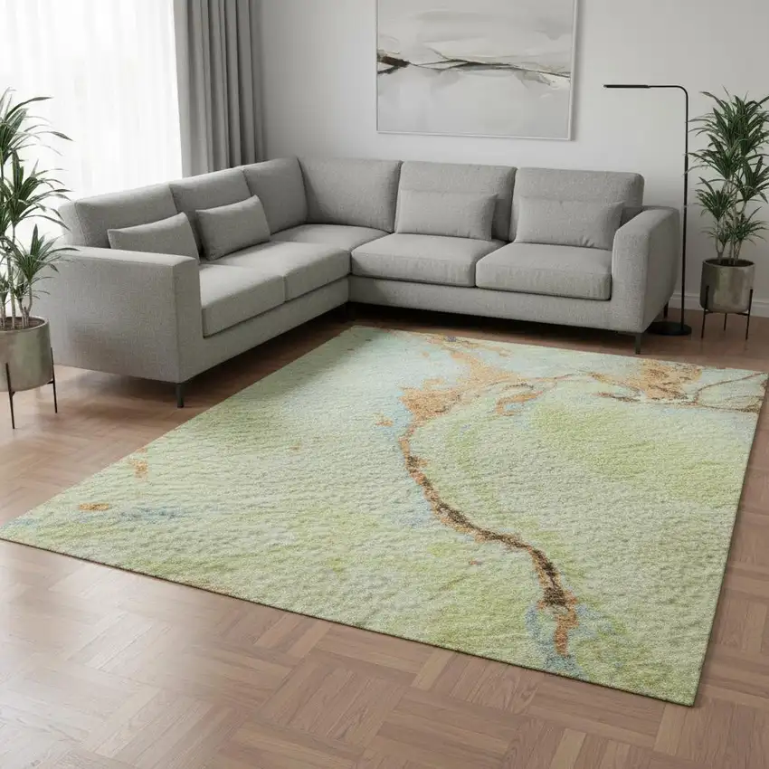 Artichoke Green Copper And Teal Abstract Washable Area Rug With UV Protection Photo 2