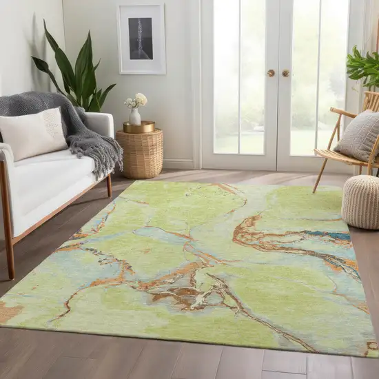 Artichoke Green Copper And Teal Abstract Washable Area Rug With UV Protection Photo 5