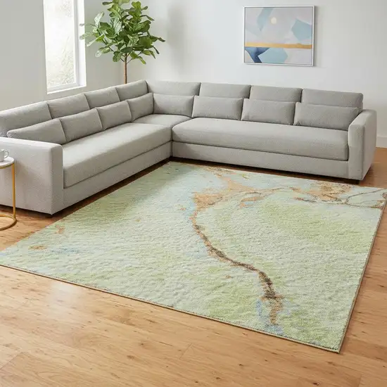 Artichoke Green Copper And Teal Abstract Washable Area Rug With UV Protection Photo 2