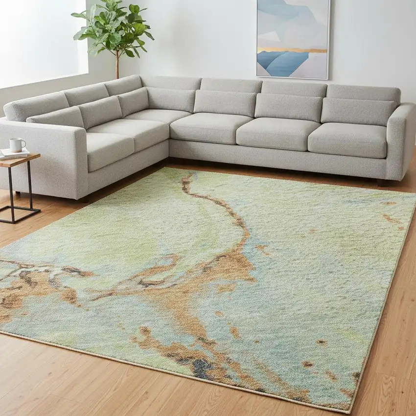 Artichoke Green Copper And Teal Abstract Washable Area Rug With UV Protection Photo 2