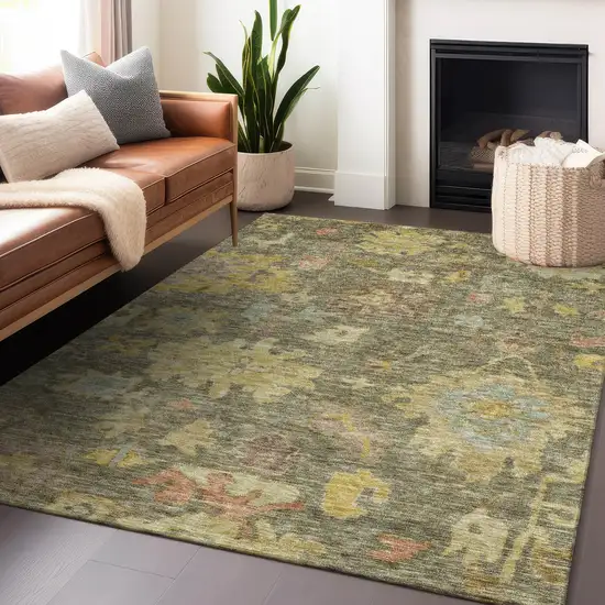 Artichoke Green Coral And Brown Floral Washable Indoor Outdoor Area Rug Photo 8