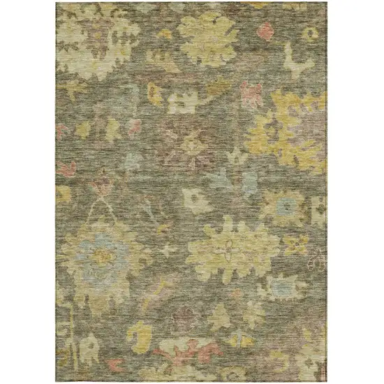 Artichoke Green Coral And Brown Floral Washable Indoor Outdoor Area Rug Photo 6