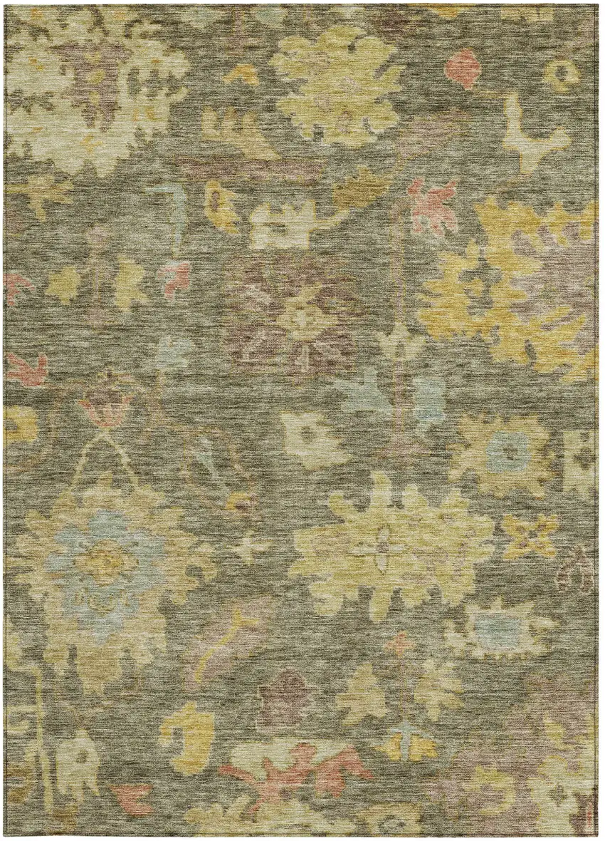 Artichoke Green Coral And Brown Floral Washable Indoor Outdoor Area Rug Photo 6