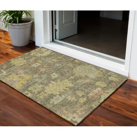 Artichoke Green Coral And Brown Floral Washable Indoor Outdoor Area Rug Photo 1