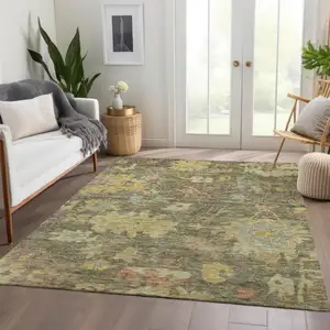 Photo of Artichoke Green Coral And Brown Floral Washable Indoor Outdoor Area Rug