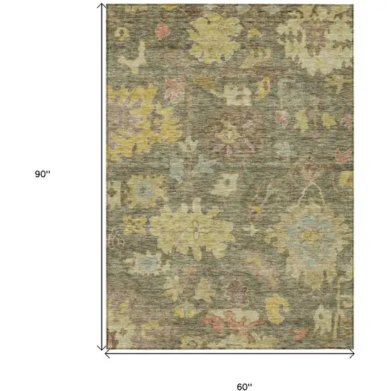Artichoke Green Coral And Brown Floral Washable Indoor Outdoor Area Rug Photo 7