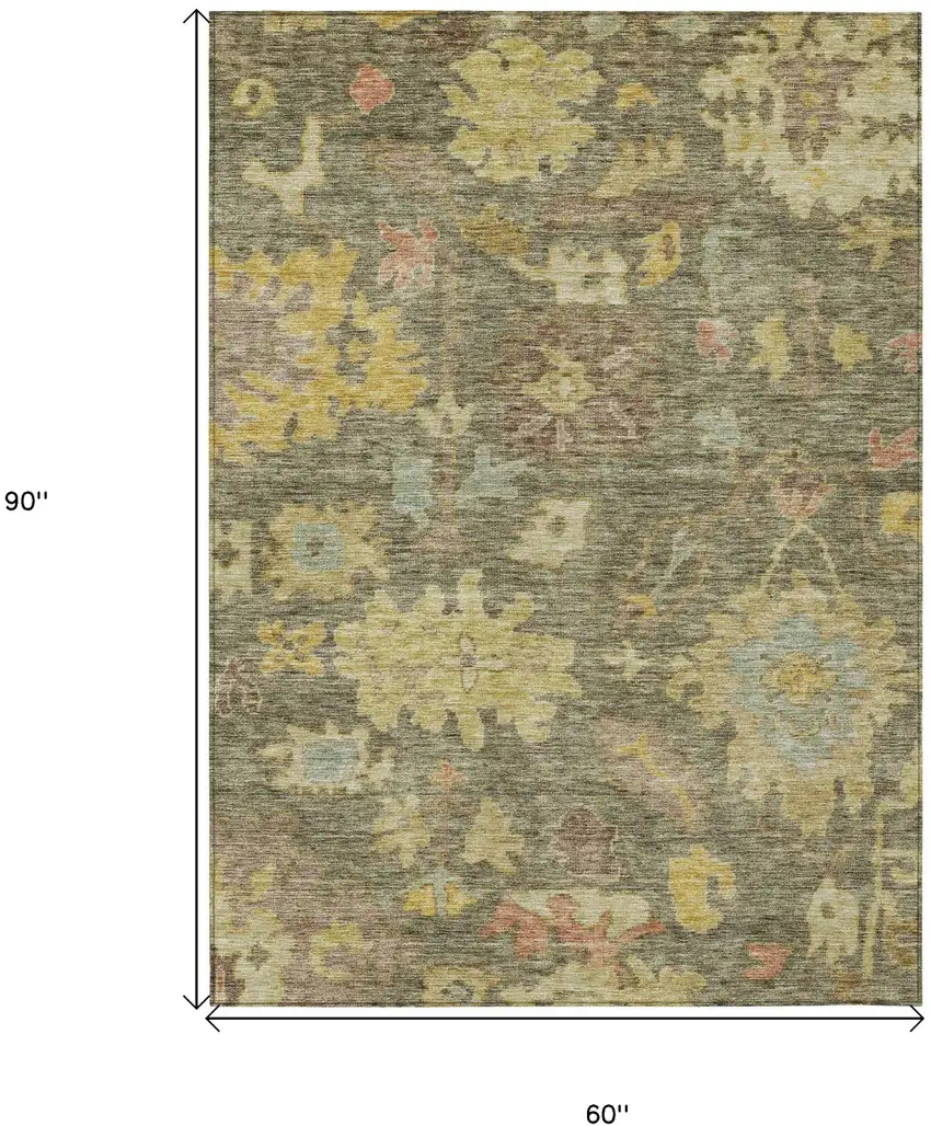 Artichoke Green Coral And Brown Floral Washable Indoor Outdoor Area Rug Photo 7