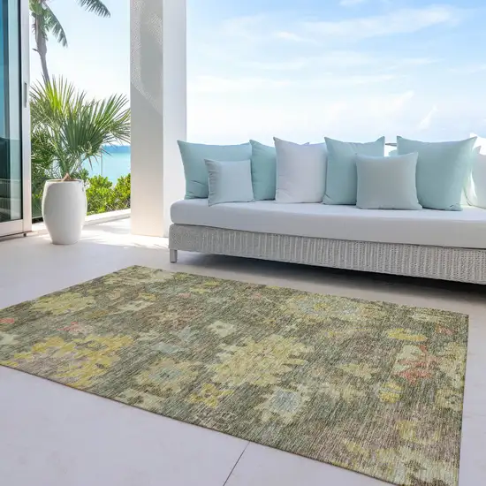 Artichoke Green Coral And Brown Floral Washable Indoor Outdoor Area Rug Photo 7