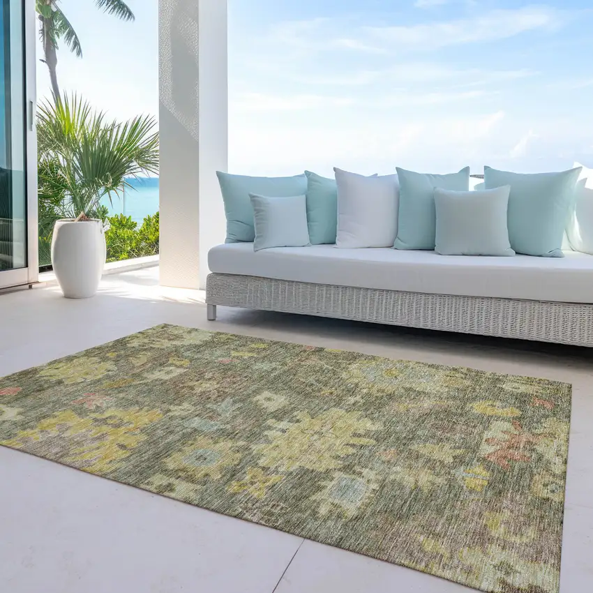 Artichoke Green Coral And Brown Floral Washable Indoor Outdoor Area Rug Photo 7