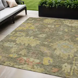 Photo of Artichoke Green Coral And Brown Floral Washable Indoor Outdoor Area Rug