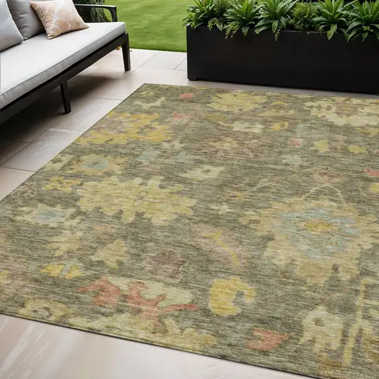Artichoke Green Coral And Brown Floral Washable Indoor Outdoor Area Rug Photo 1
