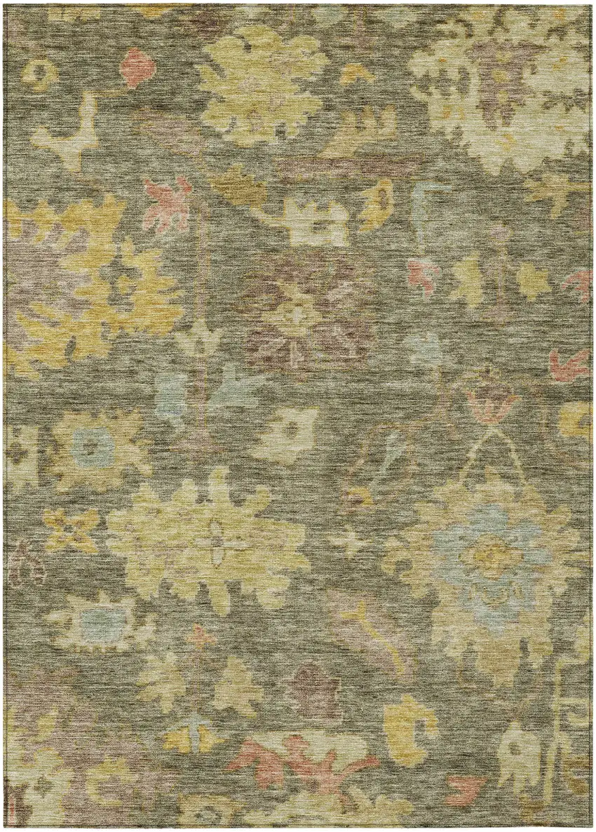 Artichoke Green Coral And Brown Floral Washable Indoor Outdoor Area Rug Photo 2