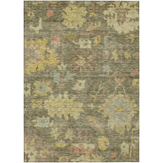 Artichoke Green Coral And Brown Floral Washable Indoor Outdoor Area Rug Photo 2