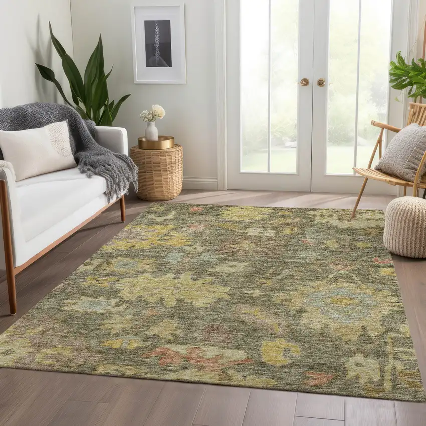 Artichoke Green Coral And Brown Floral Washable Indoor Outdoor Area Rug Photo 9