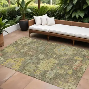 Photo of Artichoke Green Coral And Brown Floral Washable Indoor Outdoor Area Rug