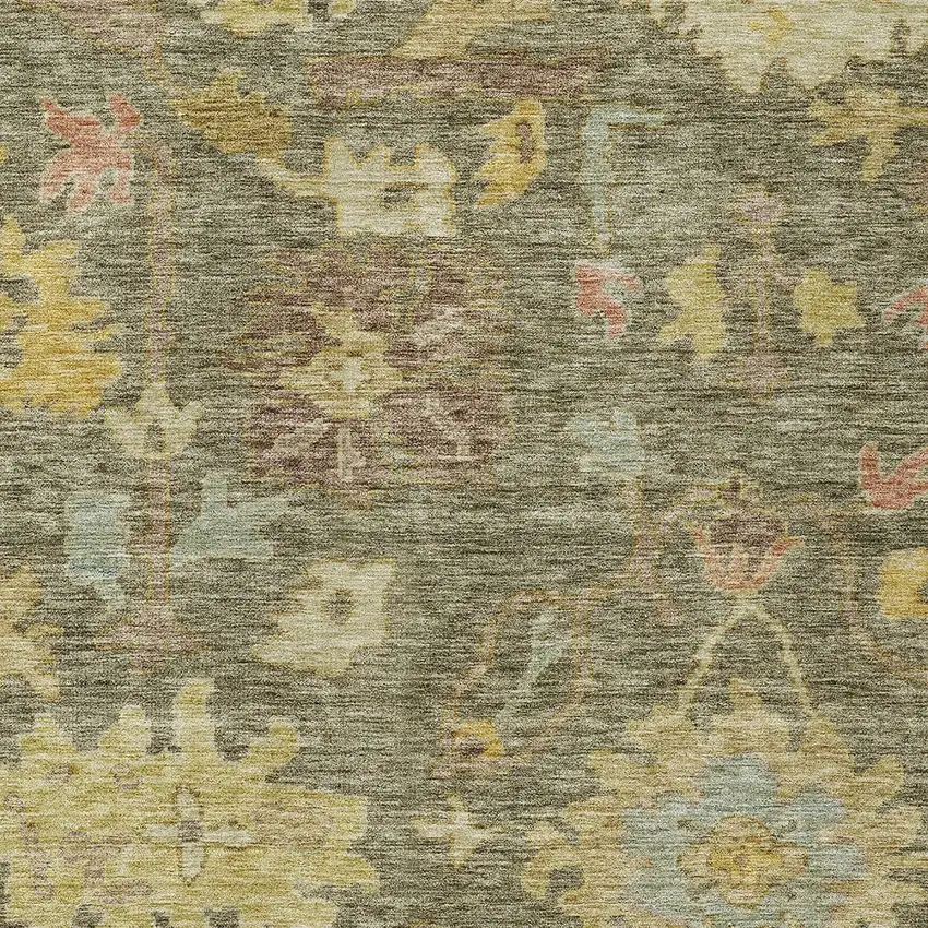 Artichoke Green Coral And Brown Floral Washable Indoor Outdoor Area Rug Photo 5