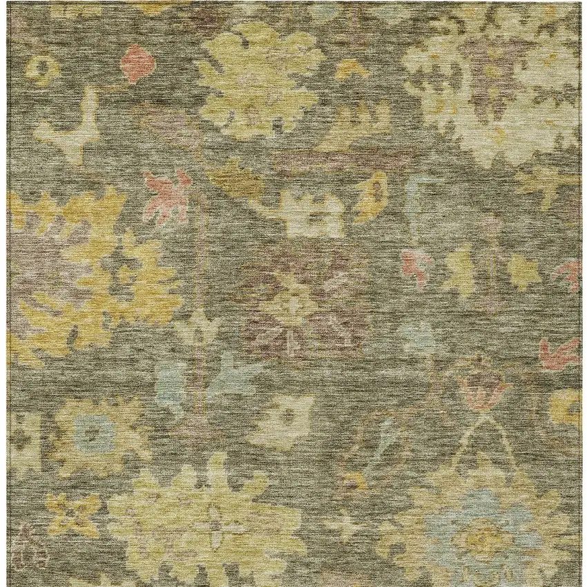 Artichoke Green Coral And Brown Floral Washable Indoor Outdoor Area Rug Photo 6