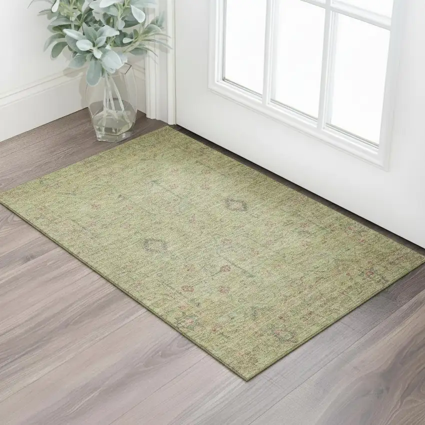 Artichoke Green Coral And Gray Floral Washable Area Rug With UV Protection Photo 2