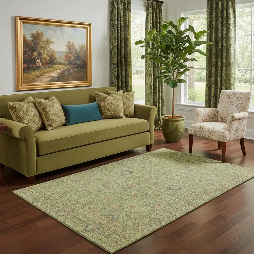 Artichoke Green Coral And Gray Floral Washable Area Rug With UV Protection Photo 2