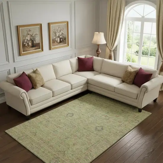 Artichoke Green Coral And Gray Floral Washable Area Rug With UV Protection Photo 2