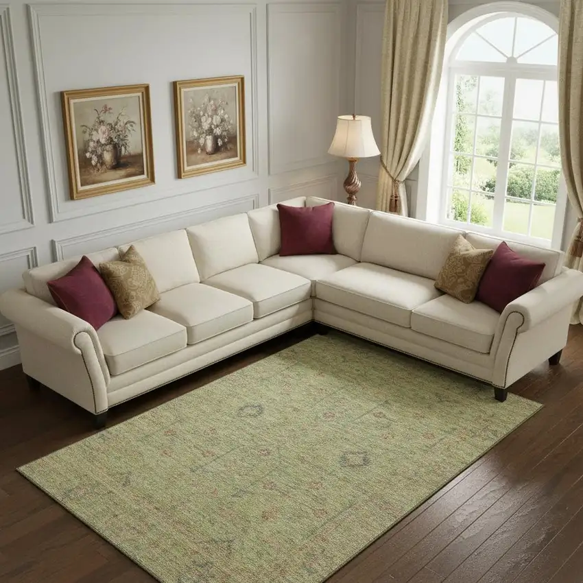 Artichoke Green Coral And Gray Floral Washable Area Rug With UV Protection Photo 2