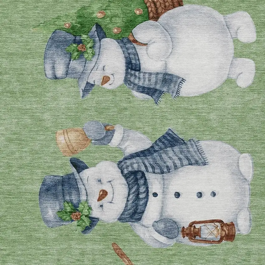 Artichoke Green Denim Blue And Ivory Snowmen Washable Indoor Outdoor Area Rug Photo 3