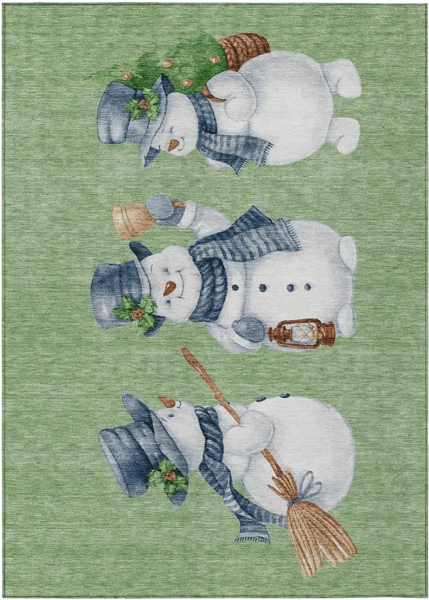 Artichoke Green Denim Blue And Ivory Snowmen Washable Indoor Outdoor Area Rug Photo 2