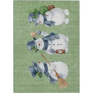 Photo of Artichoke Green Denim Blue And Ivory Botanical Leaves Washable Indoor Outdoor Area Rug