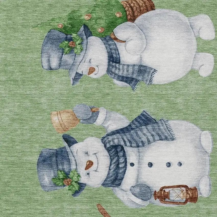 Artichoke Green Denim Blue And Ivory Snowmen Washable Indoor Outdoor Area Rug Photo 3