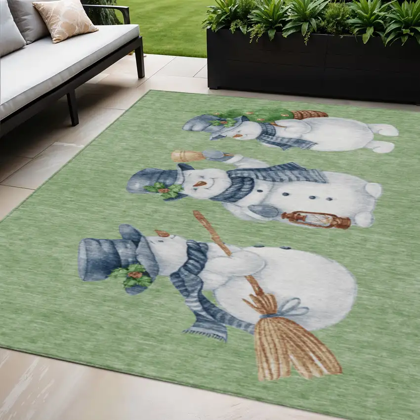 Artichoke Green Denim Blue And Ivory Snowmen Washable Indoor Outdoor Area Rug Photo 1