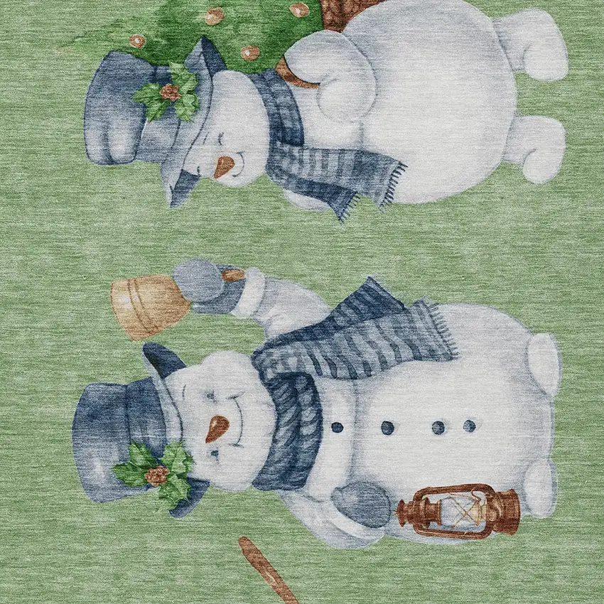 Artichoke Green Denim Blue And Ivory Snowmen Washable Indoor Outdoor Area Rug Photo 6