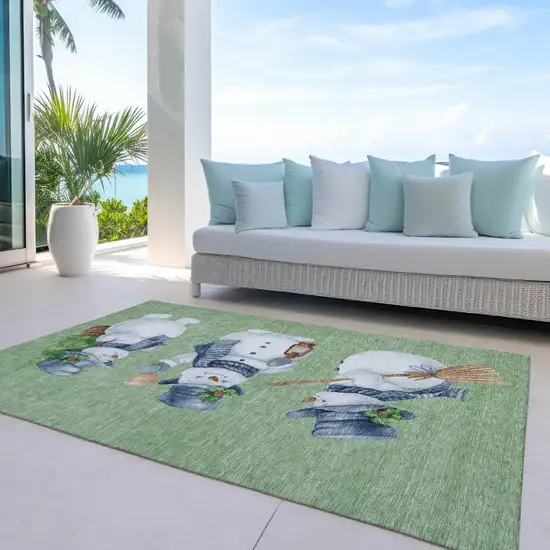 Artichoke Green Denim Blue And Ivory Snowmen Washable Indoor Outdoor Area Rug Photo 5