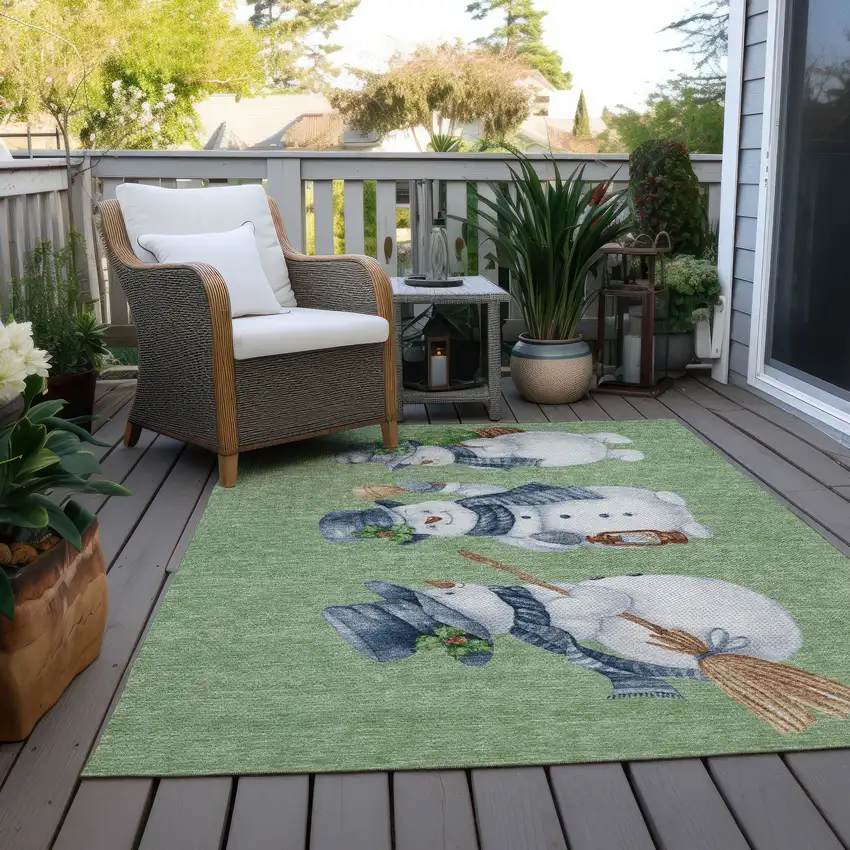 Artichoke Green Denim Blue And Ivory Snowmen Washable Indoor Outdoor Area Rug Photo 8