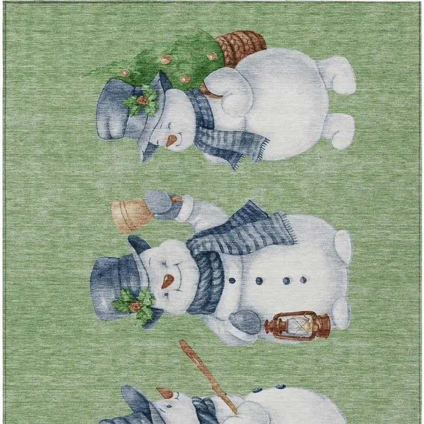 Artichoke Green Denim Blue And Ivory Snowmen Washable Indoor Outdoor Area Rug Photo 3