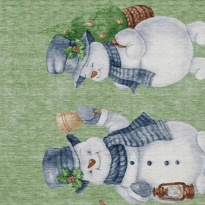 Artichoke Green Denim Blue And Ivory Snowmen Washable Indoor Outdoor Area Rug Photo 4