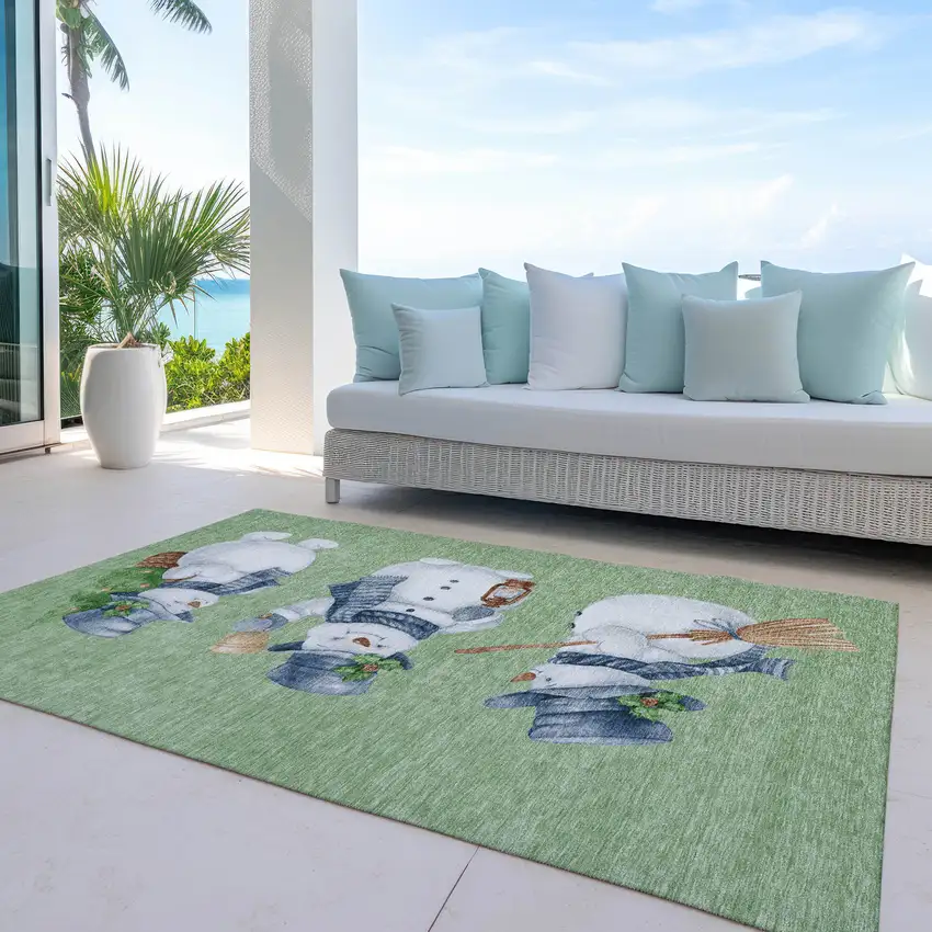 Artichoke Green Denim Blue And Ivory Snowmen Washable Indoor Outdoor Area Rug Photo 5