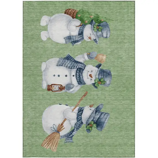 Artichoke Green Denim Blue And Ivory Snowmen Washable Indoor Outdoor Area Rug Photo 4