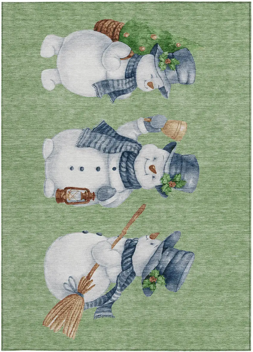 Artichoke Green Denim Blue And Ivory Snowmen Washable Indoor Outdoor Area Rug Photo 4