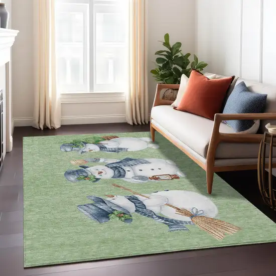 Artichoke Green Denim Blue And Ivory Snowmen Washable Indoor Outdoor Area Rug Photo 7